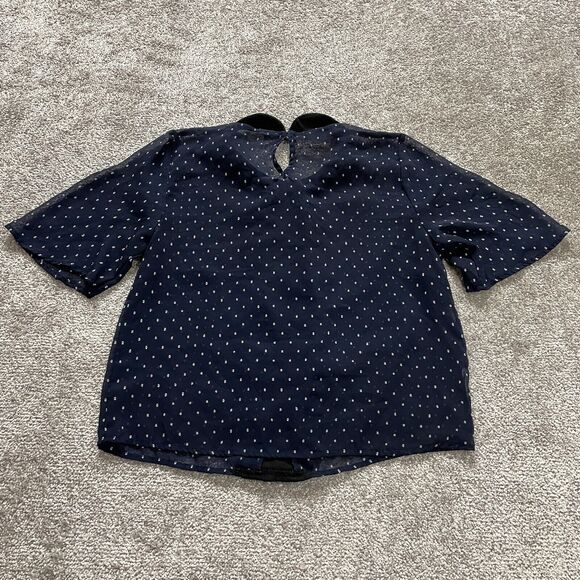 BCBGeneration Blouse Top womens XS Blue Polka Dot Ruffle 3/4 Sleeve Peter Pan - Picture 2 of 7